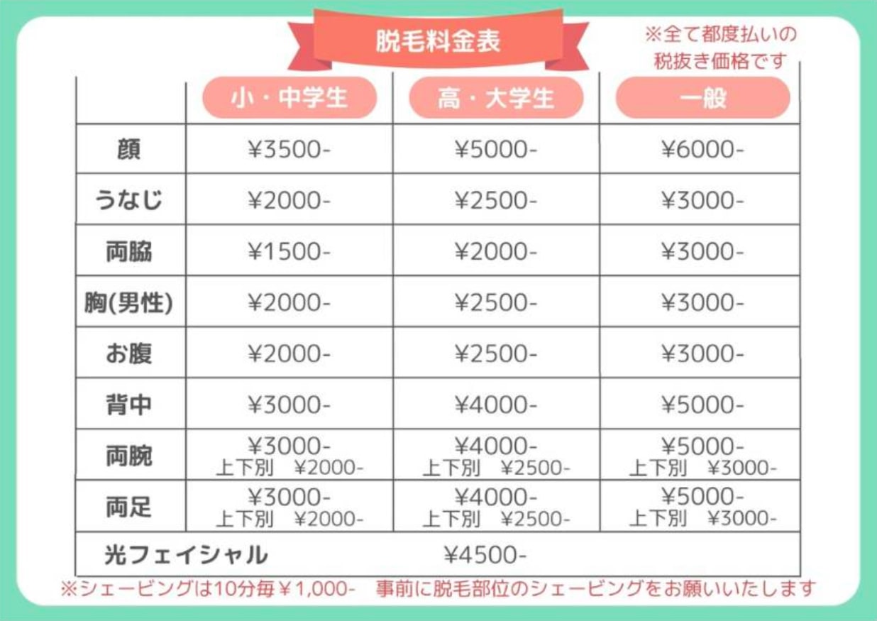 入間市ひばり整骨院の脱毛料金表